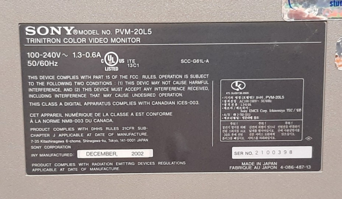 Click to view image in new tab Sony PVM-20L5